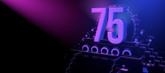 Solid number 75 on a reflective black stage illuminated with blue and red lights against a black background. 3D Illustration