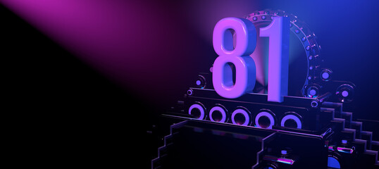 Solid number 81 on a reflective black stage illuminated with blue and red lights against a black background. 3D Illustration