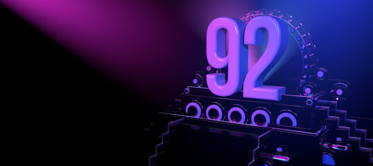 Solid number 92 on a reflective black stage illuminated with blue and red lights against a black background. 3D Illustration