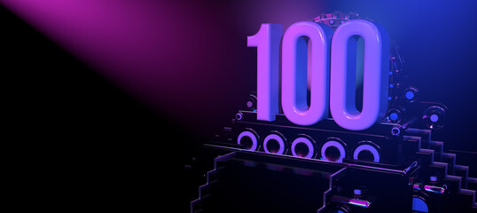 Solid number 100 on a reflective black stage illuminated with blue and red lights against a black background. 3D Illustration