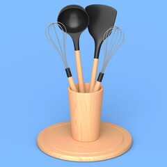 Silicon kitchen utensils, tools and equipment in holder on blue background.
