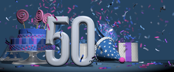 Solid white number 50 in the foreground, birthday cake decorated with candies, gifts and party hat with confetti ejecting bugles, against dark blue background. 3D Illustration