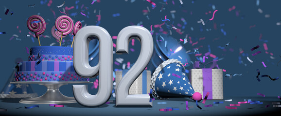 Solid white number 92 in the foreground, birthday cake decorated with candies, gifts and party hat with confetti ejecting bugles, against dark blue background. 3D Illustration