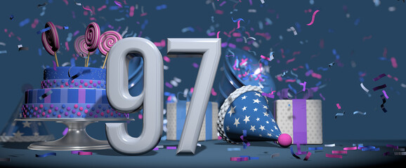 Solid white number 97 in the foreground, birthday cake decorated with candies, gifts and party hat with confetti ejecting bugles, against dark blue background. 3D Illustration