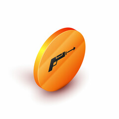 Isometric Fishing harpoon icon isolated on white background. Fishery manufacturers for catching fish under water. Diving underwater equipment. Orange circle button. Vector