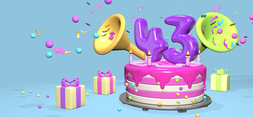 Pink birthday cake with thick purple number 43 surrounded by gift boxes with horns ejecting confetti on pastel blue background. 3D Illustration
