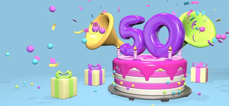 Pink birthday cake with thick purple number  50  surrounded by gift boxes with horns ejecting confetti on pastel blue background. 3D Illustration