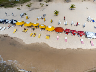 Beautiful and peaceful beach with dark waters and colorful beach sunshade - Gamboa, Bahia, Brazil
