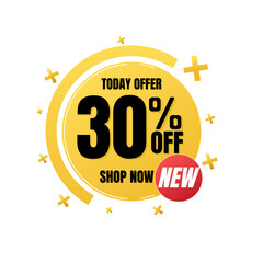 30% percent off, shop, now, Today offer, 3D yellow design of a bubble, with various background details, Vector illustration, Thirty