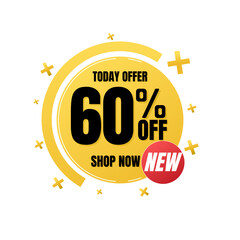 60% percent off, shop, now, Today offer, 3D yellow design of a bubble, with various background details, Vector illustration, Sixty 