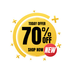 70% percent off, shop, now, Today offer, 3D yellow design of a bubble, with various background details, Vector illustration, Seventy 