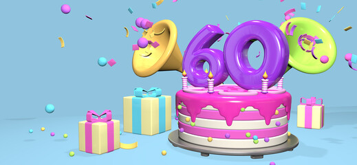 Pink birthday cake with thick purple number 60 surrounded by gift boxes with horns ejecting confetti on pastel blue background. 3D Illustration
