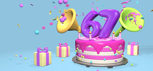 Pink birthday cake with thick purple number 67 surrounded by gift boxes with horns ejecting confetti on pastel blue background. 3D Illustration