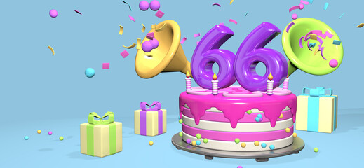 Pink birthday cake with thick purple number 66 surrounded by gift boxes with horns ejecting confetti on pastel blue background. 3D Illustration
