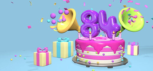 Pink birthday cake with thick purple number 84 surrounded by gift boxes with horns ejecting confetti on pastel blue background. 3D Illustration