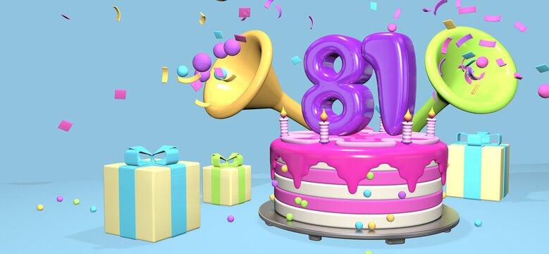 Pink birthday cake with thick purple number 81 surrounded by gift boxes with horns ejecting confetti on pastel blue background. 3D Illustration