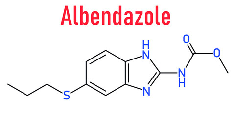 Skeletal formula of Albendazole anthelmintic drug molecule. Used in treatment of parasitic worm infestations.