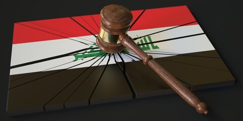 Fototapeta na wymiar Block with flag of Iraq hit by judge's gavel. Court related 3d rendering