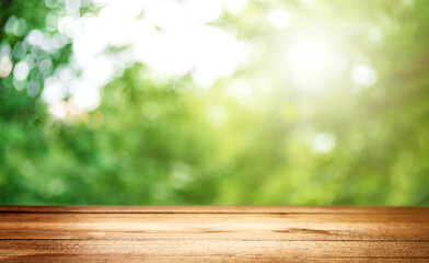 Blank country fence plank, table top or counter bar with abstract green forest trees background....