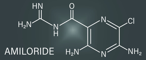 Skeletal formula of Amiloride diuretic drug molecule. Used in treatment of hypertension and congestive heart failure.