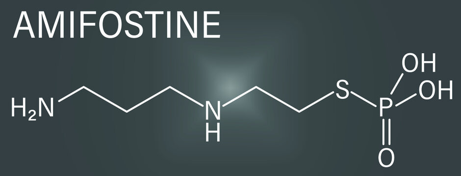 Skeletal formula of amifostine cancer drug molecule. Adjuvant drug that protects against cancer chemotherapy side effects.