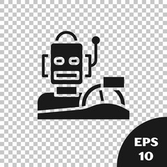 Black Robot humanoid driving a car icon isolated on transparent background. Artificial intelligence, machine learning, cloud computing. Vector