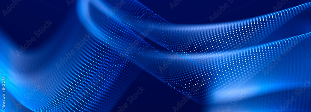 Aufkleber Abstract flow of luminous particles on dark background. Movement of colored dots. Big data. 3D rendering. Widescreen