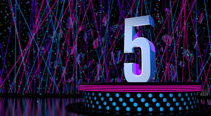 Solid number 5 on a round stage with blue and magenta lights with a defocused background of laser lights. 3D Illustration