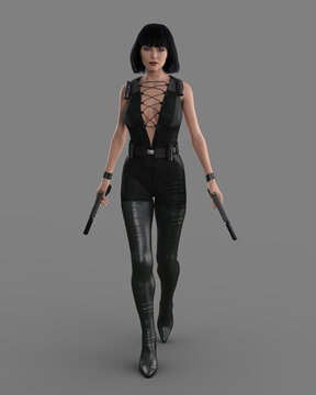 Beautiful fantasy female assassin walking with gun in each hand. 3D rendering isolated on grey backgorund.