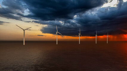 Obraz premium Wind turbines in the middle of the ocean sunset time. Nature background lanscape realistic CGI render. Renewable energy concept. Wind powered electricity mill. 