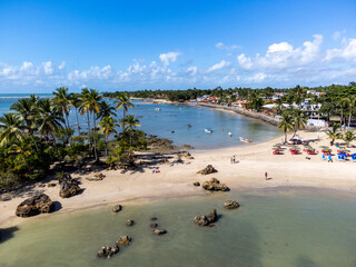 Amazing paradise beach on island with many coconut trees - Morro de Sao Paulo, Bahia, Brazil - obrazy, fototapety, plakaty