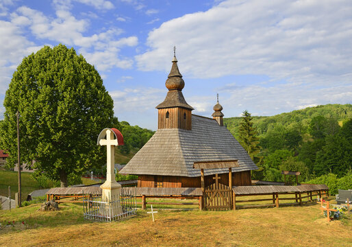 The Greek Catholic wooden church of St Basil the Great (built in year 1750) from Hrabova Roztoka. Location of Snina District in the Presov Region. Slovakia