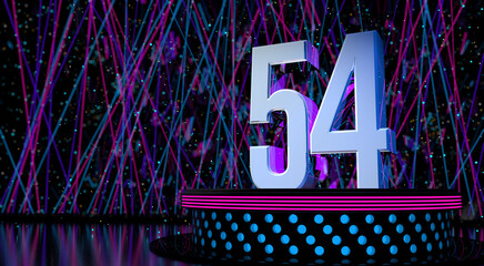 Solid number 54 on a round stage with blue and magenta lights with a defocused background of laser lights. 3D Illustration - obrazy, fototapety, plakaty