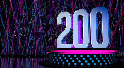 Solid number 200 on a round stage with blue and magenta lights with a defocused background of laser lights. 3D Illustration - obrazy, fototapety, plakaty