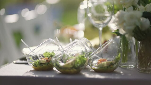 appetizers and salads on table for family dinner in nature, finger buffet in blooming garden