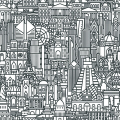 Seamless pattern in the form of linear buildings from which the city is obtained. Famous views and sights of the world. Suitable for banners, web page background, poster, brochure, factory fabrics.
