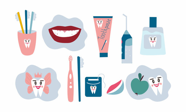 Big set of mouth Cleaning tools. Apple, mint, smiling teeth. Various Toothbrushes, toothpaste, dental floss, mouthwash. Dental hygiene, Oral care concept. Hand drawn Vector isolated icons