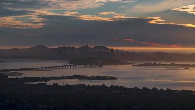 San Francisco Skyline Sunset view from Berkeley, Golden Hour Timelapse, 4K