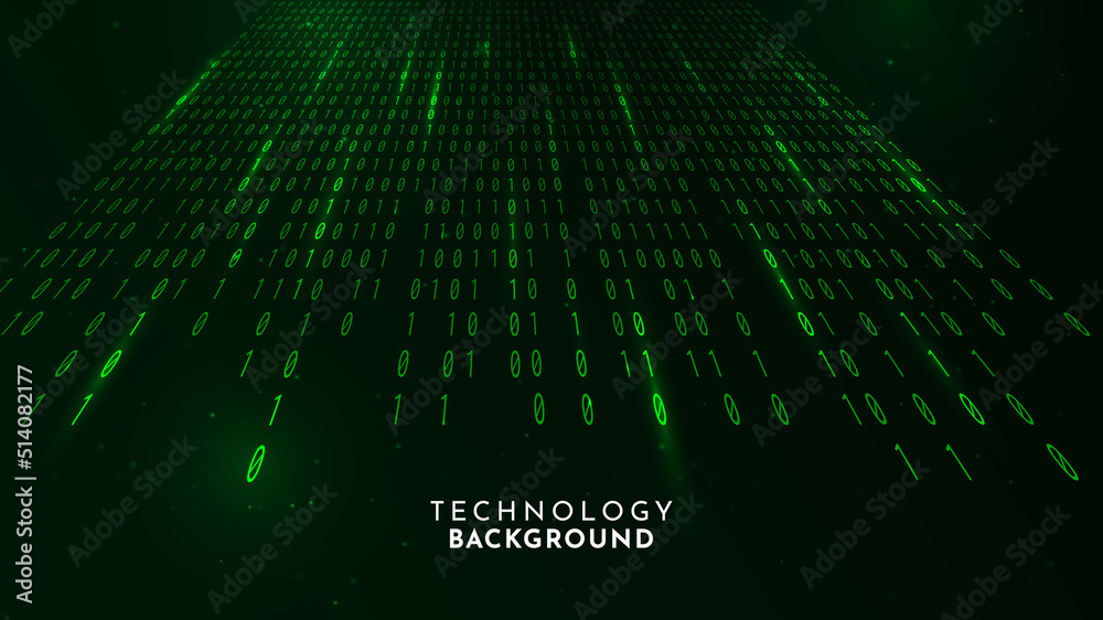 Wall mural Vector illustration. Digital concept backdrop. Dark geometric perspective lines of binary code with glowing dots. Design element for wallpaper, web banner, website template. Green color light effect - Wall murals