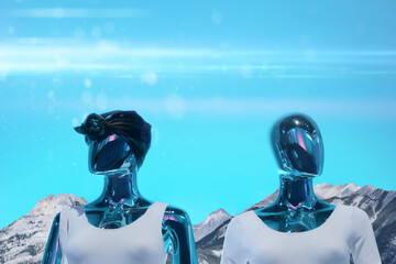 Fantasy futuristic image of two cyborgs with mountains and blue sky behind