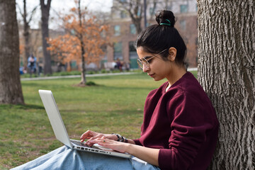 Young girl student sitting under tree in park using laptop computer