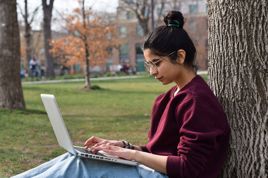 Young Girl Student Sitting Under Tree In Park Using Laptop Computer