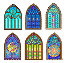 Set of different beautiful colorful stained glass windows. Gothic architectural style with pointed arch. Architecture in France churches. Modern print. Middle ages in Western Europe. Vector image.