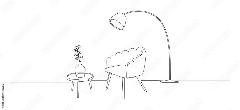 Aufkleber One continuous line drawing of armchair and loft lamp and vase with plant. Modern scandinavian and soft furniture chair in simple linear style. Doodle vector illustration