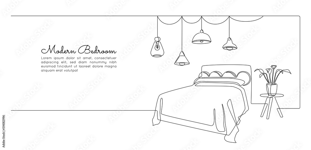 Poster continuous one line drawing of double bed and table and loft chandelier lamps. modern scandinavian i