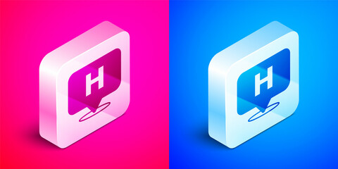 Isometric Medical map pointer with cross hospital icon isolated on pink and blue background. Silver square button. Vector