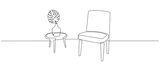 One continuous line drawing of chair and table with vase and monstera leaf. Modern scandinavian and loft furniture armchair in simple linear style. Editable stroke. Doodle vector illustration