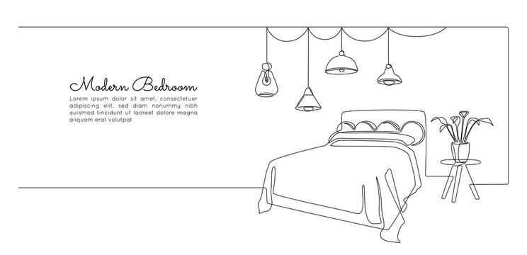 Continuous one line drawing of double bed and table and loft chandelier lamps. Modern scandinavian interior and cozy decor bedroom in simple linear style. Editable stroke. Doodle vector illustration