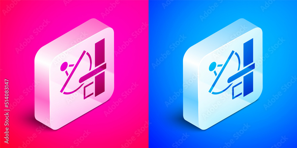 Sticker Isometric Radar icon isolated on pink and blue background. Search system. Satellite sign. Silver square button. Vector