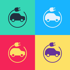 Pop art Electric car and electrical cable plug charging icon isolated on color background. Renewable eco technologies. Vector